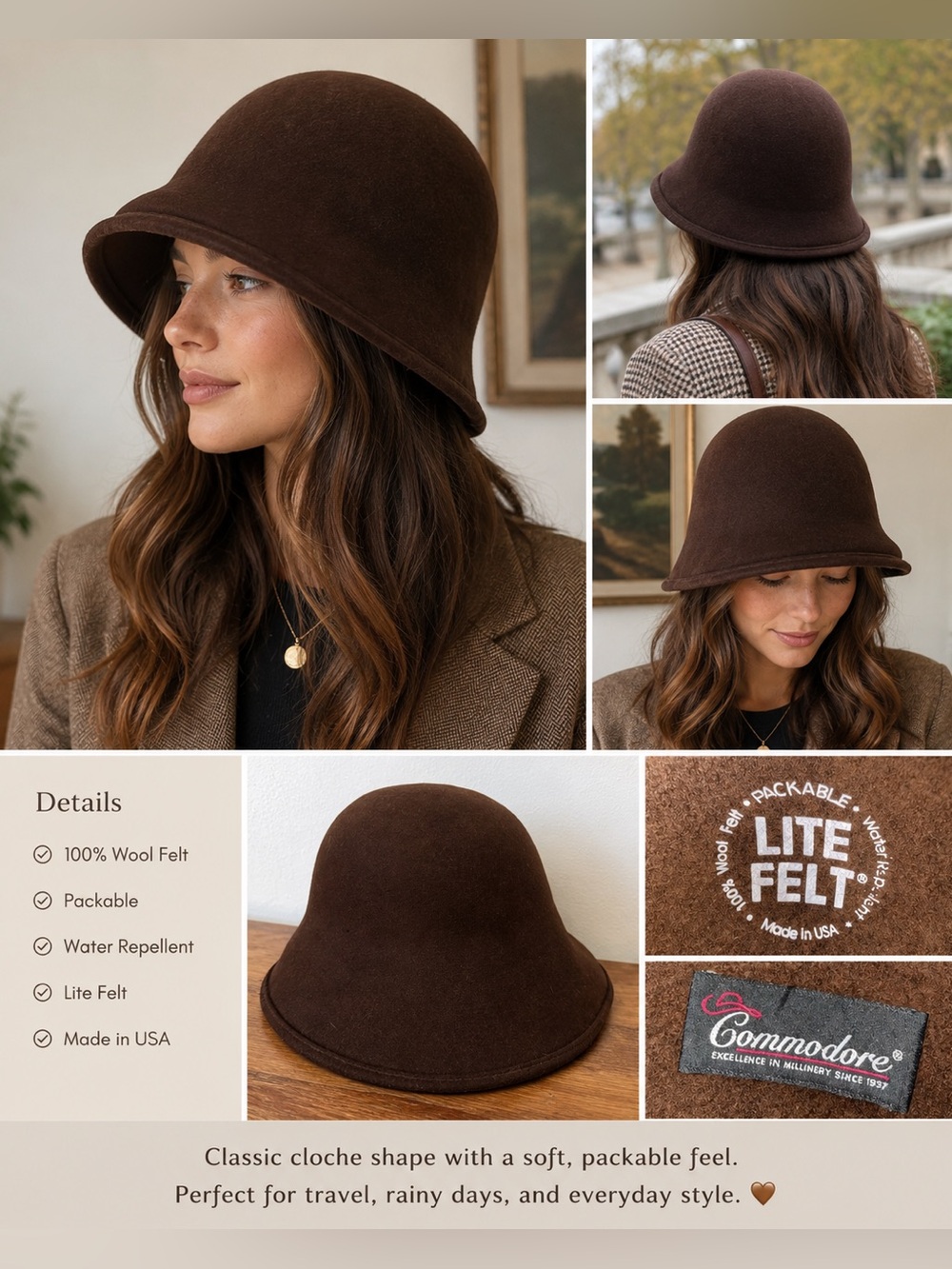 Commodore Lite Felt Brown Wool Cloche Bucket Hat Packable Made USA